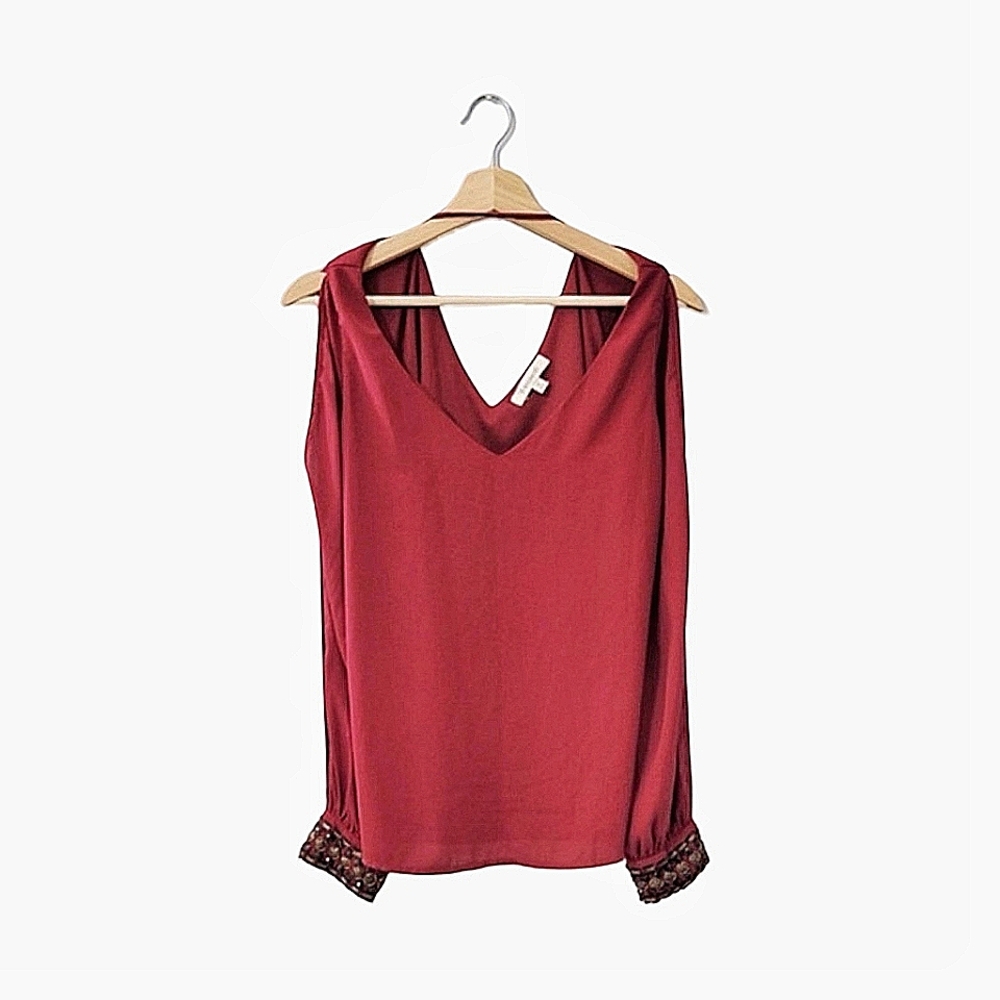 Francesca's Top Burgundy Jeweled Sleeve Blouse Size M